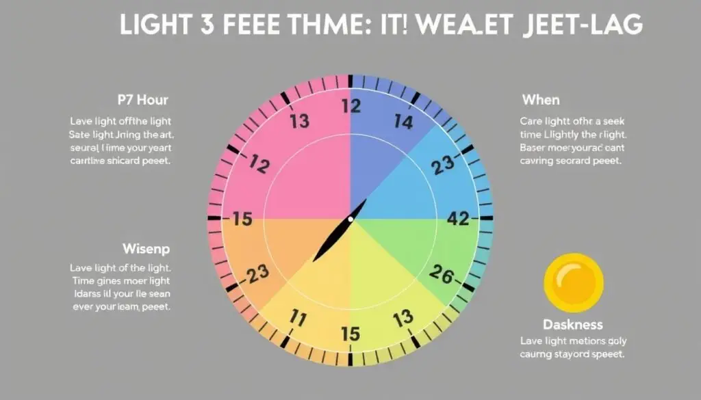 Diagram showing optimal light exposure times to beat jet lag when traveling east vs west Diagram showing optimal light exposure times to beat jet lag when traveling east vs west