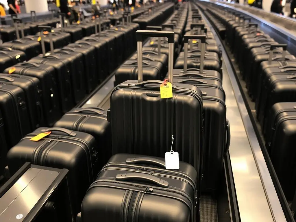 Distinctive luggage with bright tags being easily spotted on a baggage carousel Distinctive luggage with bright tags being easily spotted on a baggage carousel