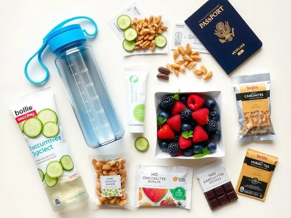 Hydration essentials and healthy snacks for air travel Hydration essentials and healthy snacks for air travel