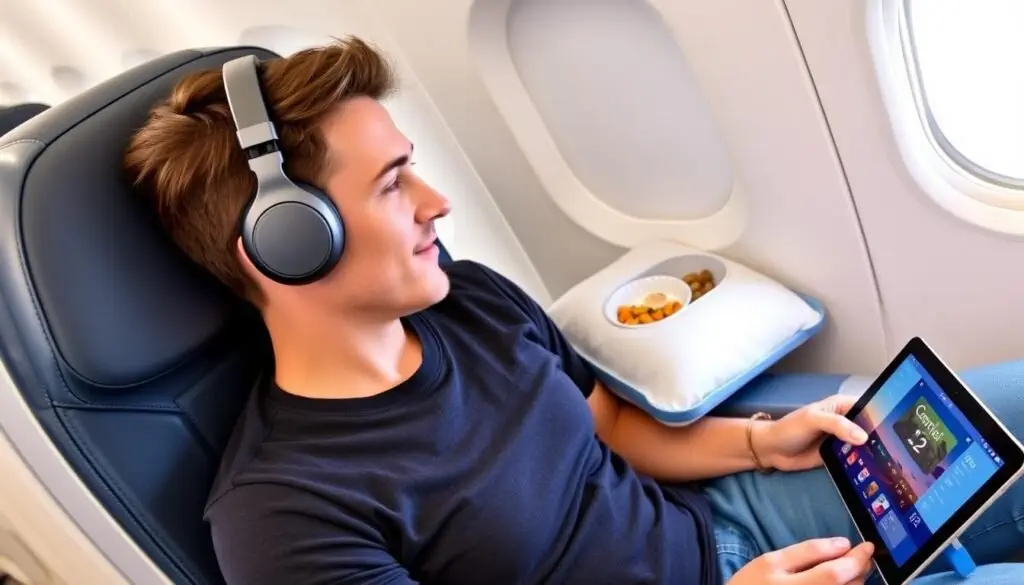 Passenger demonstrating comfortable in-flight position with noise-canceling headphones and proper hydration Passenger demonstrating comfortable in-flight position with noise-canceling headphones and proper hydration