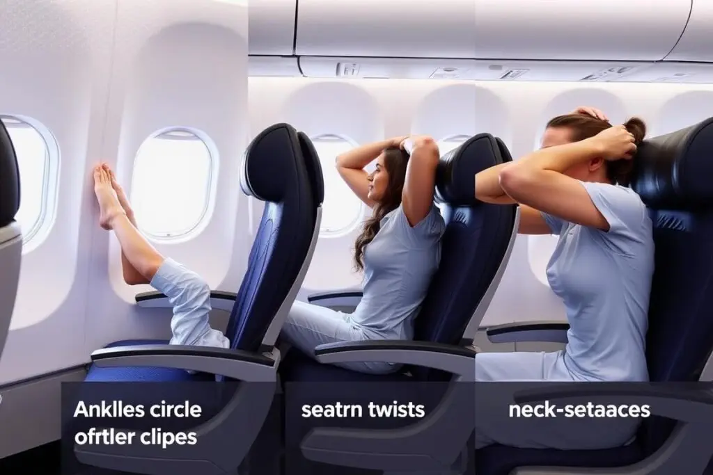 Person demonstrating airplane seat stretches that can be done without disturbing others Person demonstrating airplane seat stretches that can be done without disturbing others