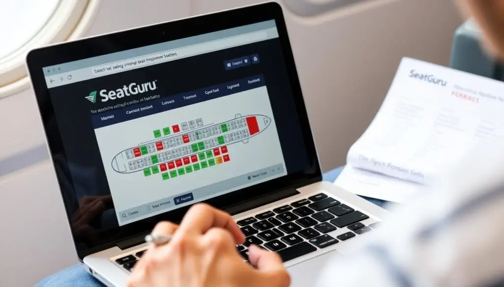 Person using SeatGuru website to select an optimal airplane seat Person using SeatGuru website to select an optimal airplane seat