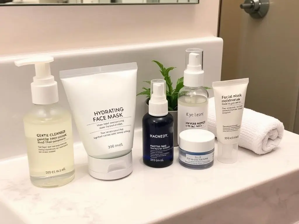 Travel-sized post-flight skincare products arranged neatly Travel-sized post-flight skincare products arranged neatly