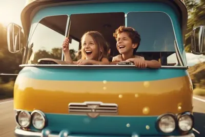 Two smiling children leaning out of a colorful van's front window while driving on a sunny road.